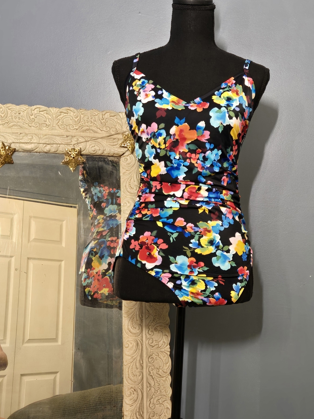 Aqua Green Black Floral Ruched One Piece with Multicolor Blooms